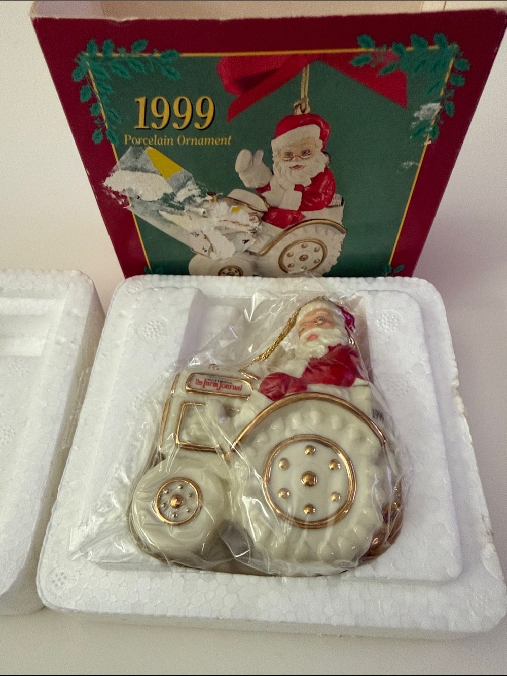 National Farm Journal 1999 Porcelain Ornament Santa on His Tractor- Still Sealed